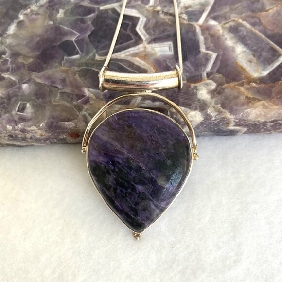 Sterling Silver 925 Teardrop Bezel Set Purple Charoite Pendant Necklace 20" - Picture 3 of 16